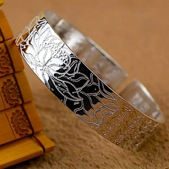 Lotus Flower Engraved Sterling Silver Bangle Bracelet - Picture 2 of 6